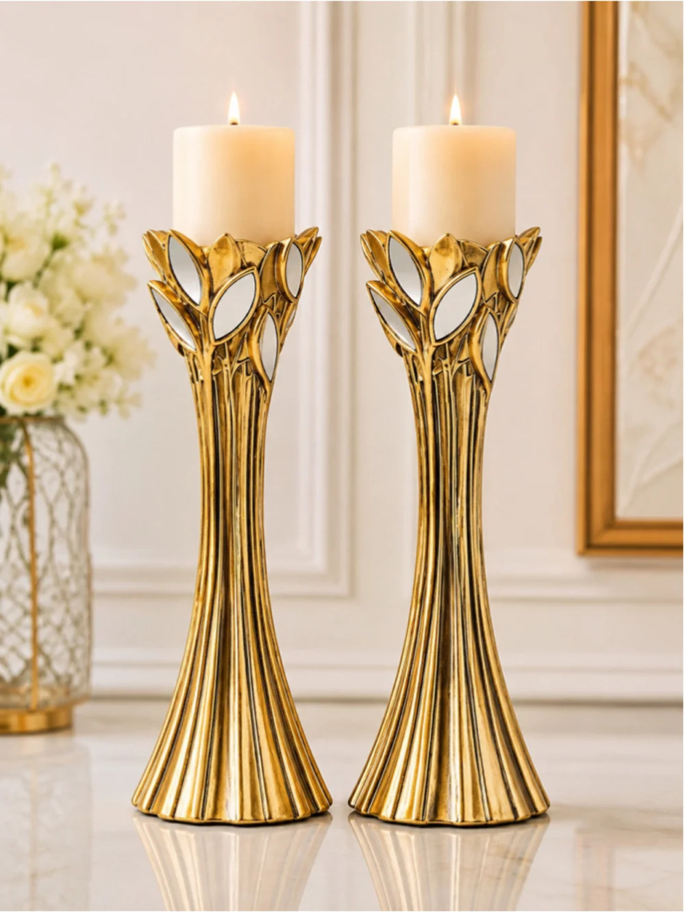 Gaia Gold Candle Holder Set with Mirrored Glass Leaf – 14”